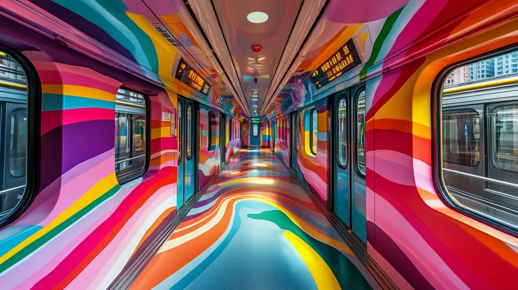 Here's a description of the image:

The image shows the interior of a vibrantly painted train car.  Swirling stripes of bright pink, orange, yellow, teal, and purple dominate the walls and floor, creating a psychedelic effect.  The colorful design continues onto the train's flooring.  Large windows offer views of an exterior cityscape.  The overall impression is one of playful energy and bold artistic expression.  Electronic displays are visible above the doors, showing information in a non-English language.
