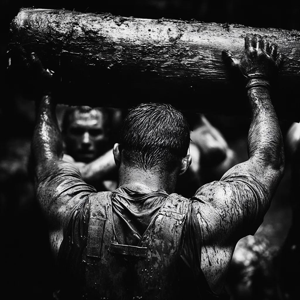 Here's a description of the image:

The black and white photograph captures a muscular man, covered head-to-toe in mud, from behind. He powerfully lifts a heavy, mud-caked log above his head, his arms straining with the effort. His back and shoulders are prominently displayed, showcasing his strength and exertion. The background is blurred, showing other individuals, suggesting a competitive event or challenging physical test, possibly an obstacle course race. The image's high contrast and monochrome palette emphasize the raw power and determination of the central figure.
