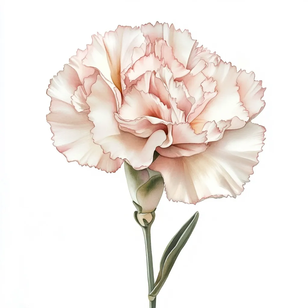 Here is a description of the image:

The image is a detailed botanical illustration of a single, light pink carnation. The flower is depicted in full bloom, showcasing its numerous fringed petals. The color palette is soft and muted, with varying shades of pale pink and cream, creating a delicate and elegant appearance.  The stem and a single leaf are visible beneath the bloom, extending downwards against a stark white background, which makes the flower the focal point. The style suggests a watercolor or digitally rendered painting, capturing fine detail and subtle shading.