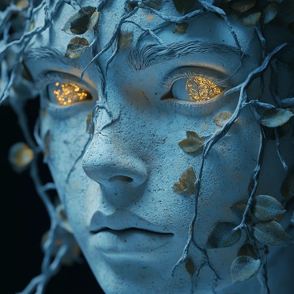Here's a description of the image:

Close-up view of a stylized, stone-like face, seemingly sculpted from a light blue material.  Intricate, thin, dark branches and small leaves weave across the face, partially obscuring it. The eyes are luminous, glowing with an inner light that reflects a pattern of miniature branches and leaves, mirroring the vines on the face. The overall effect is ethereal and otherworldly, blending organic and inorganic elements in a surreal portrait. The lighting is focused on the eyes, creating a dramatic contrast against the darker background.