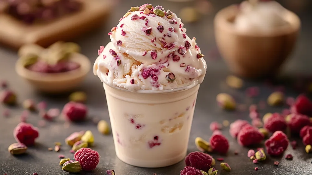 A creamy, light-colored ice cream, studded with deep pink raspberry pieces and chopped pistachios, sits in a small white cup.  Fresh raspberries and pistachio fragments are scattered on the dark gray surface around the cup.  Blurred in the background are additional bowls of ice cream and what appears to be raspberry-pistachio crumble. The overall image is close-up and focuses on the delicious-looking dessert.