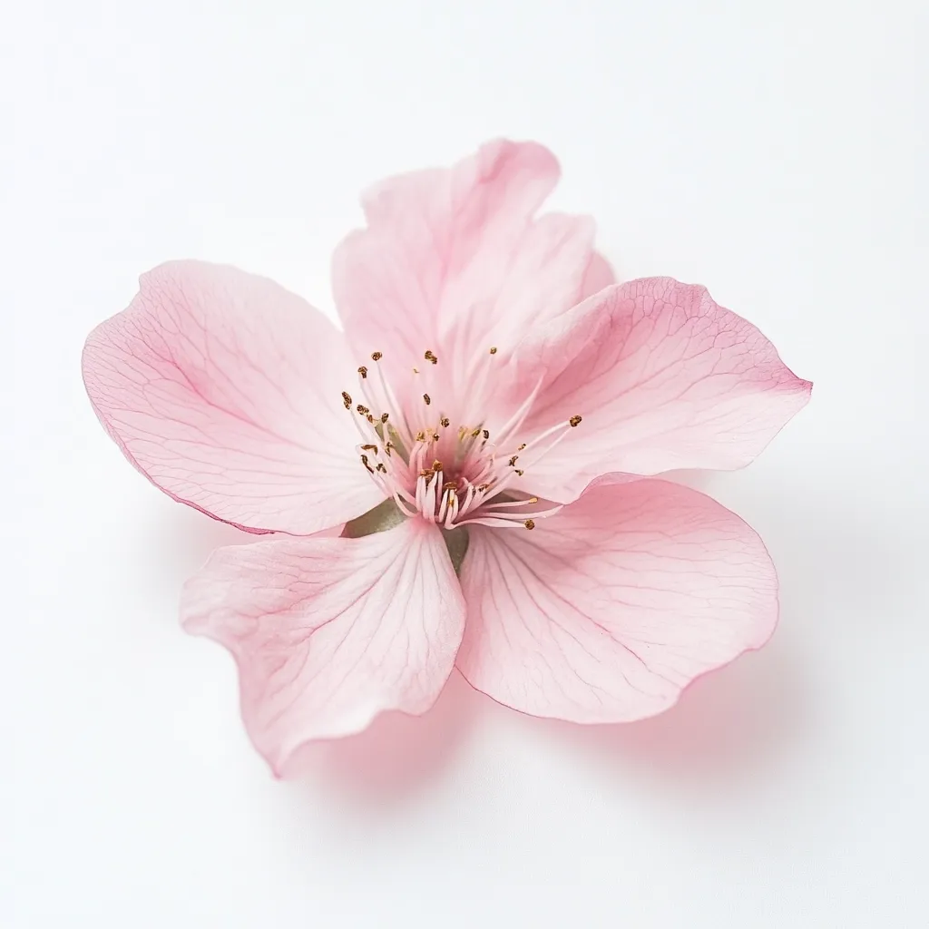 A delicate, pale pink cherry blossom rests on a pristine white background.  Its five petals are subtly veined, displaying a soft, almost translucent quality.  The center reveals a cluster of golden stamens, adding a touch of warmth to the flower's gentle hue. The image is simple yet elegant, highlighting the blossom's exquisite detail and ethereal beauty.