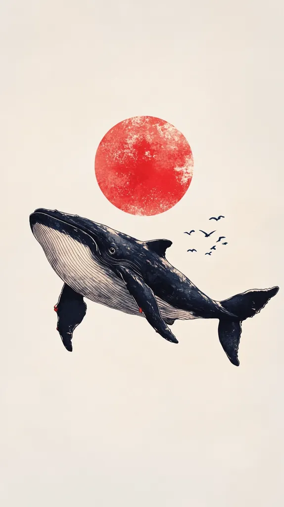 Here's a description of the image:

The artwork depicts a humpback whale gracefully leaping against a minimalist background. A large, textured red circle, reminiscent of a stylized sun, dominates the upper portion of the composition. A few small, dark birds are scattered near the whale and the sun.  The whale is rendered in detailed black and white, with subtle shading and linework, showcasing its powerful form. The overall style blends realism with graphic design elements, creating a serene yet striking visual. The pale background enhances the contrast and focuses attention on the whale and the red circle.