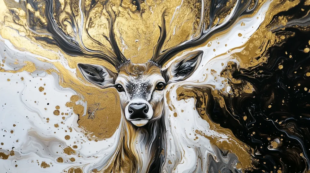 The painting depicts a majestic deer, its antlers prominently displayed, set against a swirling backdrop of black, white, and gold. The background is a fluid, marble-like texture, created with poured acrylic paints. Gold accents are scattered throughout the swirling pattern, giving a luxurious feel.  The deer's fur is rendered with detail, contrasting with the abstract fluidity of the background. The overall effect is one of elegance and grandeur.