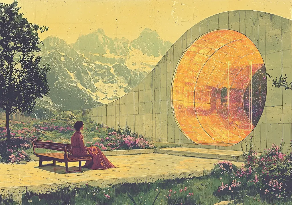 A woman in a long, reddish-brown dress sits on a wooden bench, gazing towards a large, circular opening in a concrete structure.  The opening reveals a glowing, golden tunnel that appears to lead to a starry expanse.  The serene scene is set against a backdrop of snow-capped mountains and a lush, flowering garden.  The overall style evokes a sense of peace and futuristic fantasy.  The pastel color palette contributes to a dreamlike atmosphere.