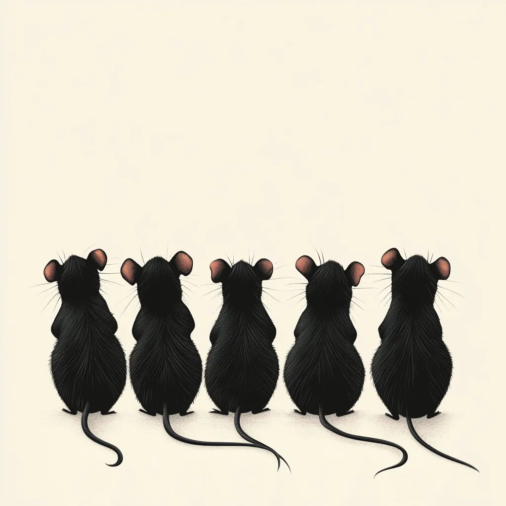Here's a description of the image:

The illustration shows five black mice sitting in a row, their backs to the viewer.  Their fluffy tails extend downwards, creating a playful visual line.  The mice are identical in appearance, with small, pink ears visible.  The background is a simple, off-white color, drawing all attention to the orderly line of the rodents. The style is illustrative and whimsical, suggesting a cartoonish or children's book aesthetic.