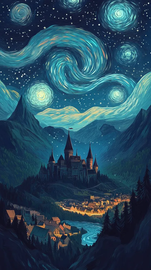 Here's a description of the image:

The artwork depicts a majestic castle nestled in a valley, under a swirling, star-filled night sky reminiscent of Van Gogh's "The Starry Night."  The castle, with its towering spires and dark stone walls, is beautifully illuminated.  A small village clings to the valley's slopes, nestled beside a winding river that reflects the ethereal light.  The mountains surrounding the valley are dark and imposing, contrasting with the bright, vibrant sky. The overall style is painterly, with visible brushstrokes conveying a sense of movement and texture.  The scene evokes a feeling of wonder and tranquility, blending elements of fantasy and realism.