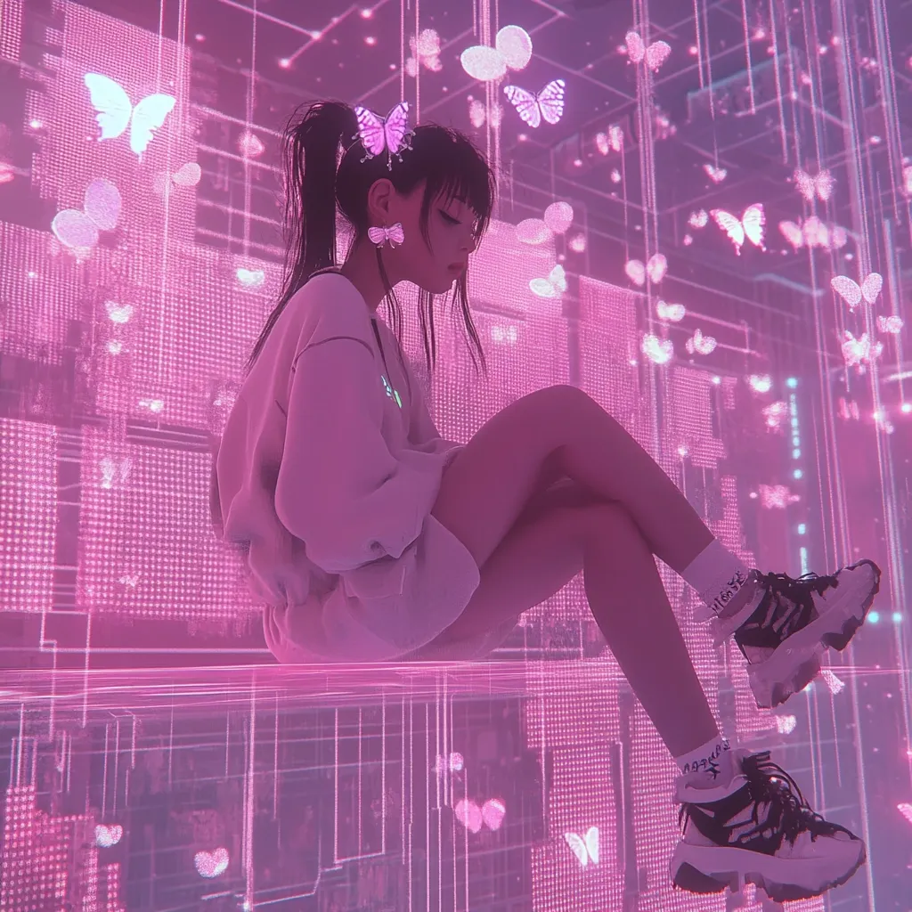 Here's a description of the image:

The image is a digital artwork depicting an anime-style girl with dark hair pulled back in a high ponytail, adorned with butterfly hair clips. She's wearing a pale lavender oversized sweatshirt and short skirt, and chunky black and white sneakers. She sits on a transparent surface within a vibrant pink, digitally rendered environment. The background glows with a pink-hued grid pattern and numerous animated butterflies, creating a dreamy, futuristic atmosphere. The overall aesthetic is heavily stylized and fantastical.