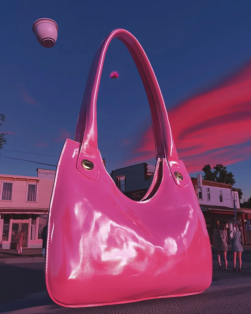 A vibrant pink, glossy handbag dominates the foreground, its curved handles forming an arch against a twilight sky.  A small, white cup floats in the upper left corner, while a tiny pink flower descends by parachute in the background.  The setting is a quaint, quiet street lined with pastel-colored buildings, where a few figures stroll casually. The overall scene is surreal and dreamlike, with a striking contrast between the handbag's boldness and the muted pastel tones of the surroundings.