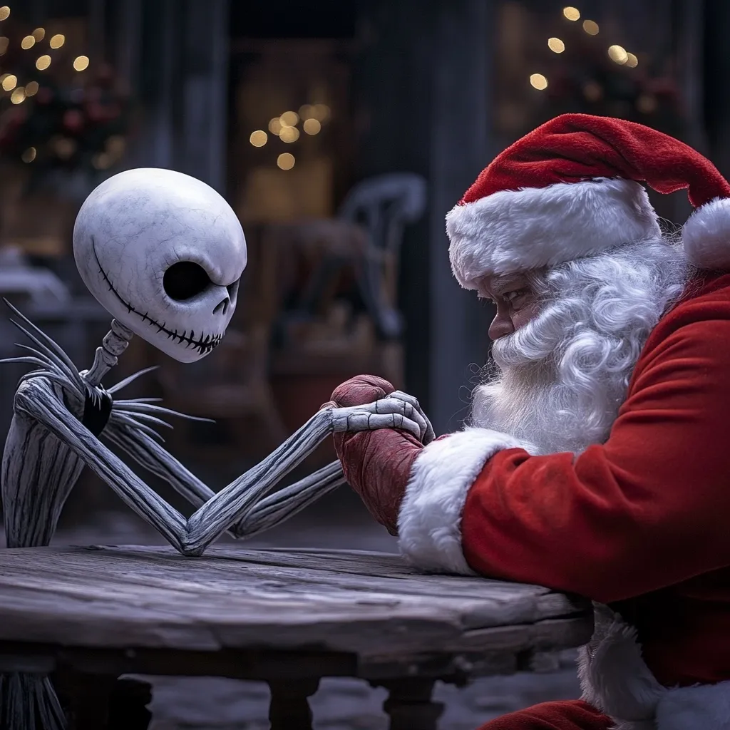 Here's a description of the image:

The image shows Jack Skellington, the skeletal protagonist from *The Nightmare Before Christmas*, arm-wrestling Santa Claus.  Jack, with his signature stitched-together look, faces Santa, whose jolly demeanor is slightly strained in concentration.  They're seated at a rustic wooden table in a dimly lit, festive setting, suggesting a workshop or village.  Bokeh lights in the background enhance the holiday atmosphere, creating a dramatic contrast between Jack's spooky aesthetic and Santa's traditional red suit. The scene evokes a playful yet slightly tense interaction between the two iconic characters.