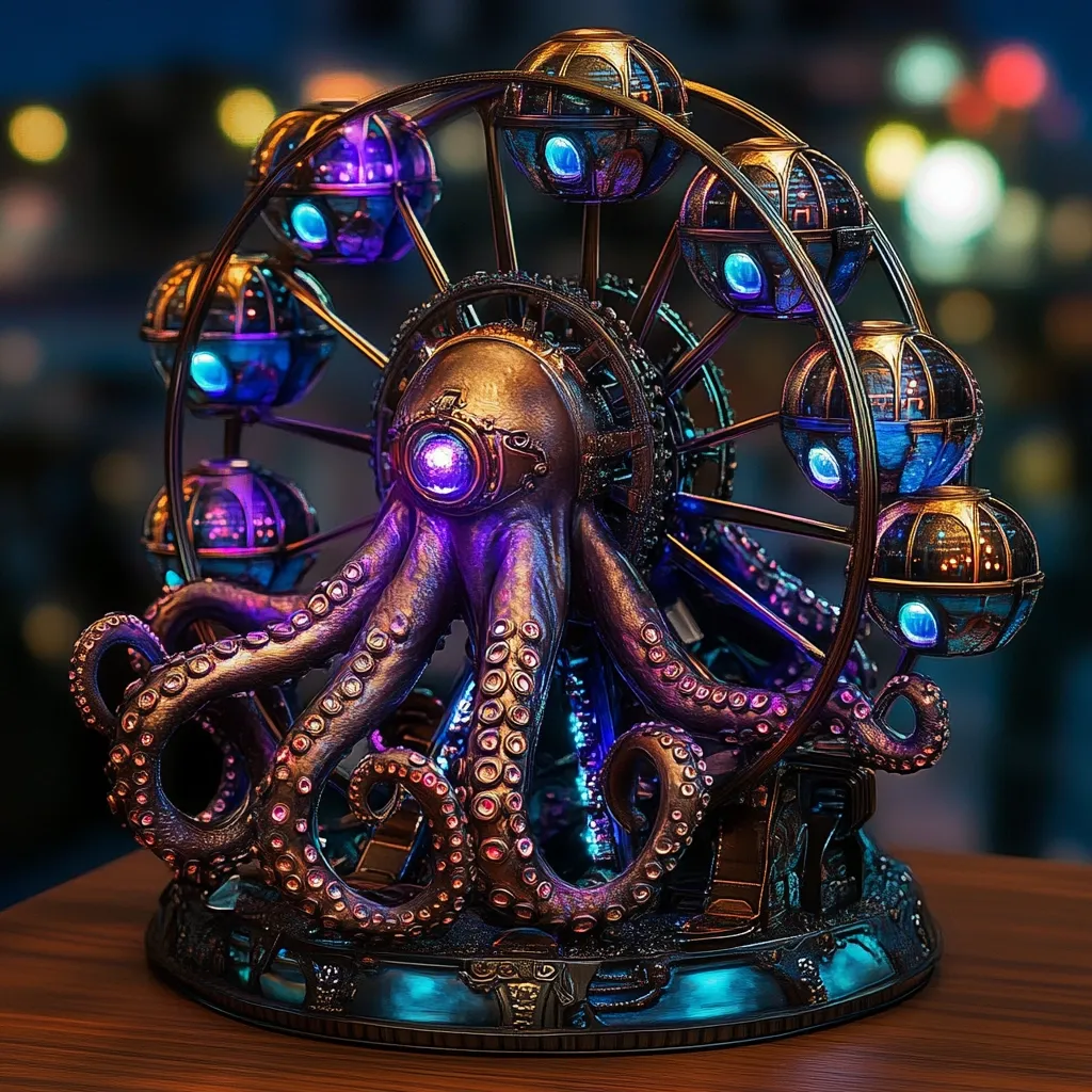 Here's a description of the image:

The image showcases a meticulously crafted steampunk-style sculpture of an octopus operating a Ferris wheel.  The octopus, rendered in deep purples and browns with intricate detailing, is the central figure. The Ferris wheel, with its glowing, ornate passenger gondolas, is seamlessly integrated into the octopus's form.  The piece is illuminated with internal lighting, highlighting the metallic textures and creating a captivating glow. The background is a blurred cityscape at night, enhancing the piece's fantastical quality. The sculpture rests on a dark wooden surface.