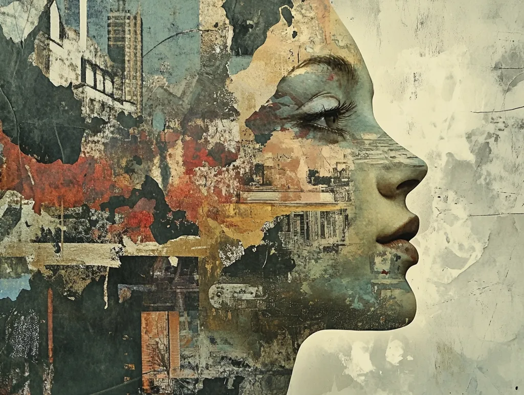 The image is an abstract portrait of a woman's face in profile, rendered in a collage style. The face is overlaid with fragmented images of urban architecture and decaying textures, creating a sense of layered memories or a merging of the internal and external worlds. The color palette is muted earth tones with splashes of rust and ochre, contributing to a feeling of age and history. The style evokes a sense of both beauty and melancholy, suggesting a reflection on personal experience and the passage of time.
