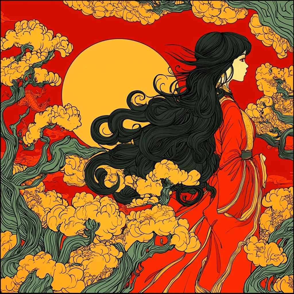 A stylized illustration depicts a woman with long, dark hair in a flowing red dress.  She is positioned against a vibrant red background featuring a large yellow circle, possibly representing the sun or moon.  Intricate, swirling designs of stylized yellow flowers and dark green branches surround her, creating a fantastical, almost dreamlike atmosphere. The overall style blends Art Nouveau and East Asian artistic influences, resulting in a visually striking and rich image.  A small dragon is visible in the upper left.