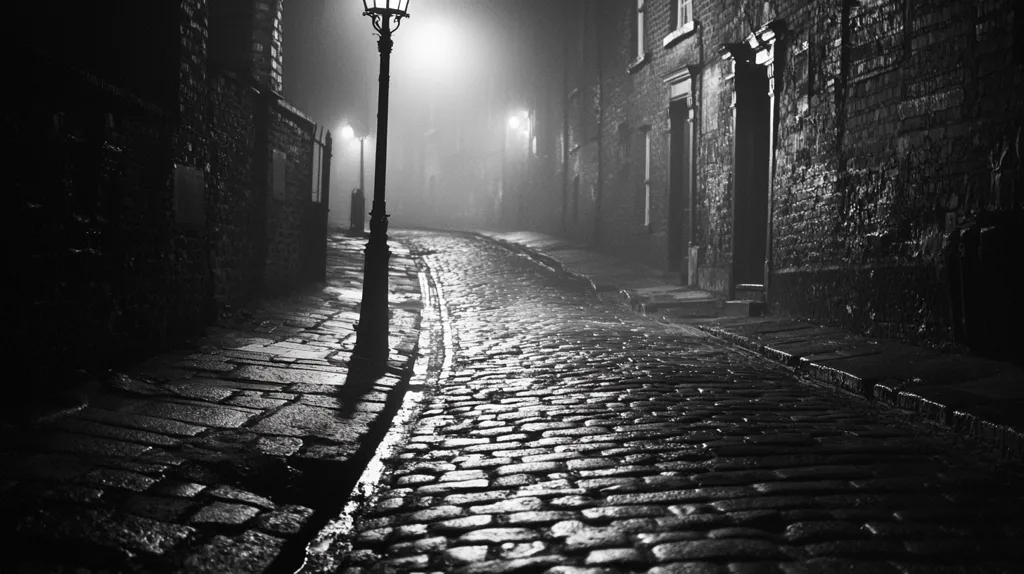 A black and white photograph depicts a dimly lit, cobblestone street at night.  The street curves gently into the fog-filled distance, where faint light sources are barely visible.  Tall, dark buildings line both sides of the street, their stone walls appearing aged and weathered. A single lamppost casts a pool of light on the wet cobblestones, creating a stark contrast between light and shadow. The overall atmosphere is mysterious and evocative of a classic noir scene.