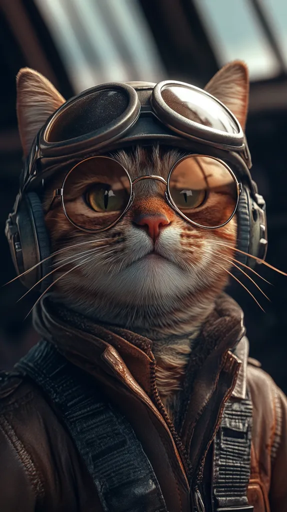 A tabby cat is depicted in a digitally enhanced image, dressed in a brown leather aviator jacket,  oversized aviator goggles, and headphones.  The cat's serious expression and attire give it a cool, almost rebellious, air.  The background is blurred, focusing attention on the cat's stylish and somewhat incongruous outfit.  The image has a dark, moody tone, enhanced by dramatic lighting.