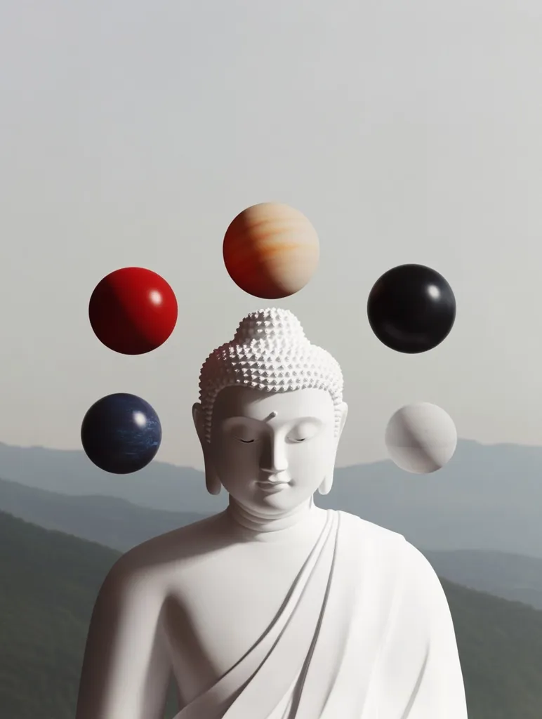 A serene white Buddha statue sits in peaceful contemplation against a hazy mountain backdrop.  Five spheres, each a different color and texture, orbit the Buddha's head, suggesting a cosmic balance or the interconnectedness of elements. The image evokes a sense of tranquility and spiritual harmony, blending the earthly and celestial realms. The muted color palette reinforces the calm mood.