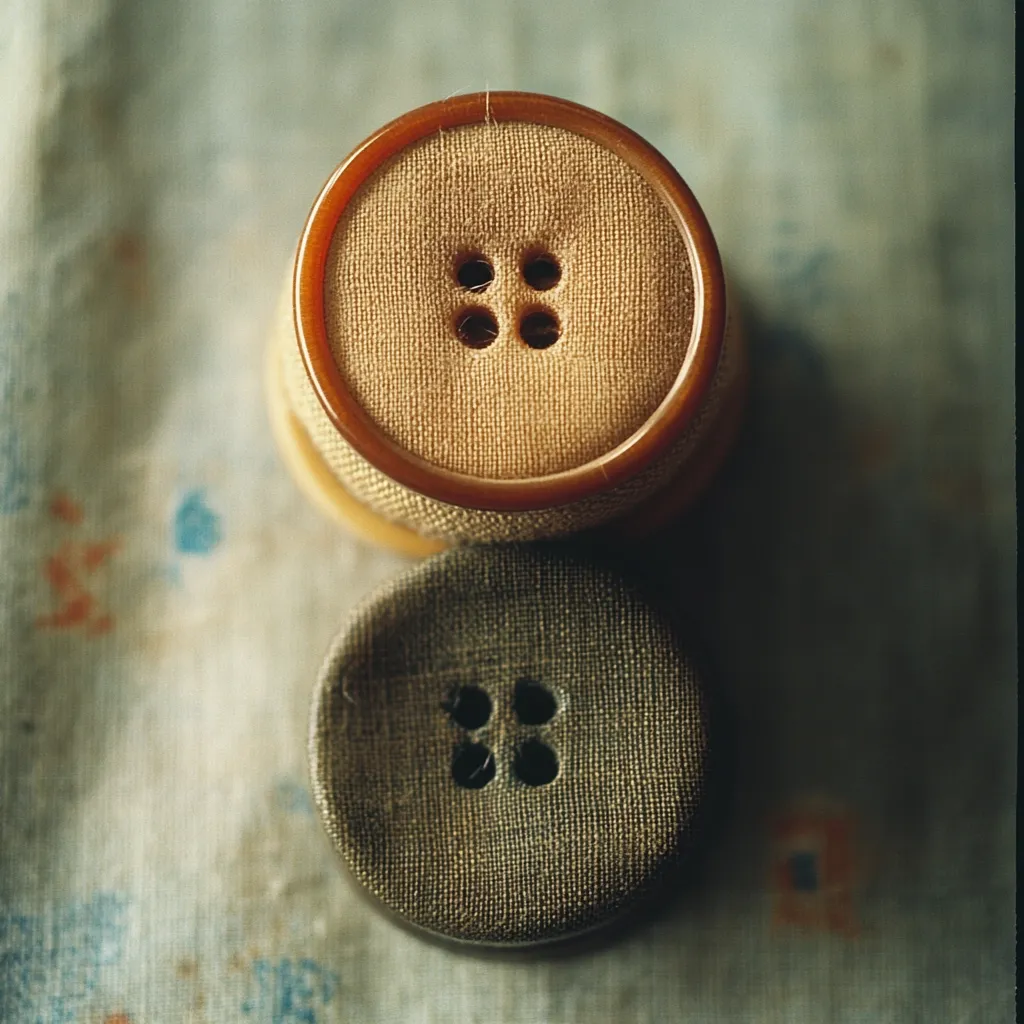 Here's a description of the image:

Close-up view of two fabric-covered buttons stacked on a textured surface. The top button is larger and features a light beige fabric covering with a dark brown or amber resin or plastic ring around the edge. It has four holes arranged in a square pattern.  The button beneath it is smaller and a darker olive-green or taupe color, also with four holes in a square pattern. Both buttons are slightly out of focus, creating a soft, slightly blurred effect. The background is a mottled fabric with muted colors and a slightly faded appearance, suggesting age or vintage style. The overall mood is calm and nostalgic.