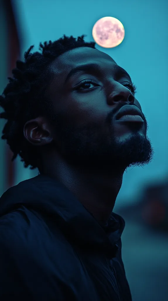 Here's a description of the image:

Close-up view of a young Black man with short, dark, curly hair. His face is tilted upward, gazing at a large, pale pink moon visible in the twilight sky.  He has a beard and his expression is serene, almost contemplative. He's wearing a dark, hooded jacket. The overall color palette is muted blues and dark tones, emphasizing the contrast between the man's skin and the moonlit sky. The image evokes a feeling of nighttime quietude and introspection.