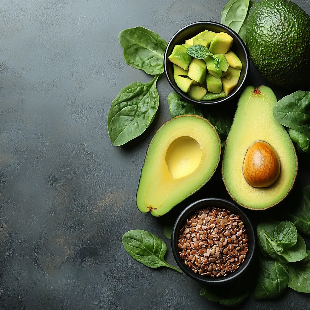 Here's a description of the image:

A dark gray background is adorned with fresh, vibrant green ingredients. Two halved avocados, showcasing their creamy flesh, are prominently featured alongside a small bowl of diced avocado with a sprig of mint.  A bowl of flax seeds sits nestled amongst the avocados and fresh spinach leaves, scattered artfully around the bowls. The overall composition suggests a healthy, vibrant, and possibly vegan-friendly food arrangement.  The image is shot from above, creating a flat lay perspective.