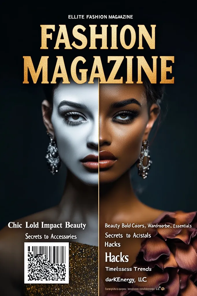 This is a cover for "Elite Fashion Magazine." The design features a split-face portrait of a woman, one half in black and white, the other in color, emphasizing contrasting beauty styles.  The magazine promises articles on chic beauty, accessories, bold wardrobe essentials, and timeless trends. A QR code is included for easy access to additional content. The overall aesthetic is sophisticated and high-fashion.