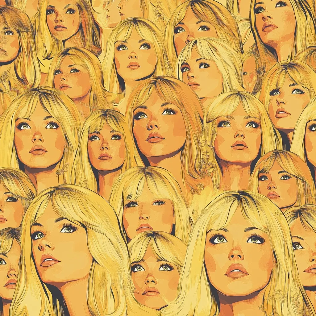 Here's a description of the image:

The image is a stylized collage featuring numerous depictions of a young woman with long, blonde, bangs-swept hair.  The women are rendered in a muted yellow-gold palette with a slightly textured, almost painterly effect. Their faces are similar, creating a repetitive and slightly unsettling pattern.  The overall composition is dense and crowded, with the women's faces and hair overlapping and intermingling to fill the frame. The style suggests a pop art or retro influence, possibly referencing 1960s or 1970s imagery.