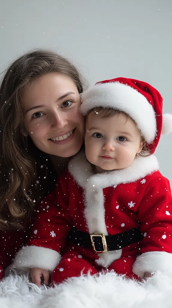 A young mother and her baby are snuggled together in a heartwarming Christmas photo.  The baby, dressed in a festive red Santa suit with white trim, is nestled against its mother.  The mother has long brown hair and a radiant smile.  A gentle snowfall effect adds to the cozy, wintery atmosphere. The scene is simple yet evokes feelings of love, warmth, and holiday cheer.