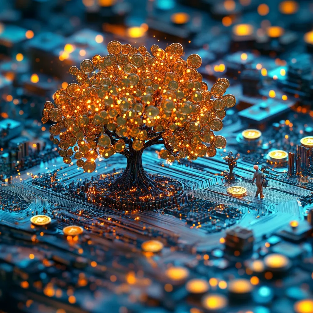 A digital rendering depicts a glowing, metallic tree bearing golden coins as leaves. Its roots are embedded in a circuit board, suggesting a connection between nature and technology. A miniature figure walks a path toward the tree, possibly representing a journey to financial success or the exploration of digital wealth. The scene is vibrant, with warm and cool tones creating a dynamic visual contrast. The overall image evokes themes of cryptocurrency, prosperity, and the evolving landscape of finance in the digital age.