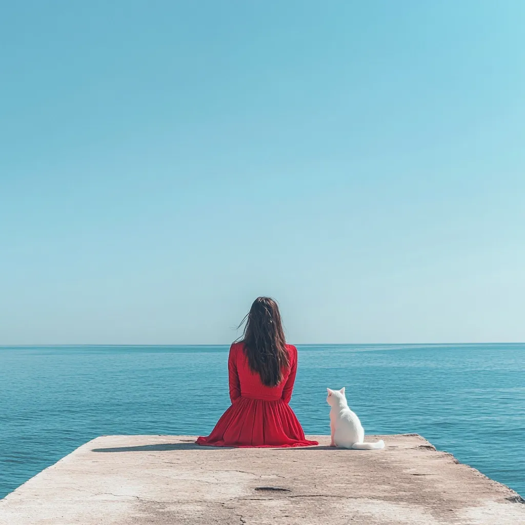 A woman in a red dress sits on a concrete pier, her back to the camera, gazing out at a calm, blue ocean under a clear sky. Beside her sits a white cat, also facing the water. The scene is serene and minimalist, evoking feelings of peace and solitude. The vastness of the sea contrasts with the small figures of the woman and her cat, emphasizing a sense of contemplation or quiet contemplation.