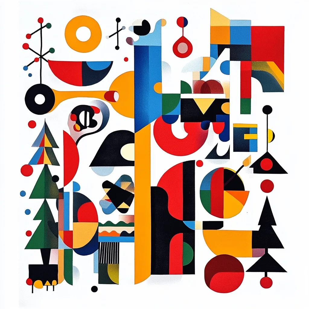 This image is an abstract composition featuring a vibrant array of geometric shapes and forms. Predominantly red, yellow, blue, and black, the shapes interlock and overlap, creating a dynamic visual rhythm.  Circles, semi-circles, triangles, and rectangles are combined with stylized representations of trees and other organic elements.  The overall effect is a busy yet balanced arrangement, suggesting both energy and harmony in its colorful complexity.  The style is reminiscent of mid-century modern or contemporary abstract art.
