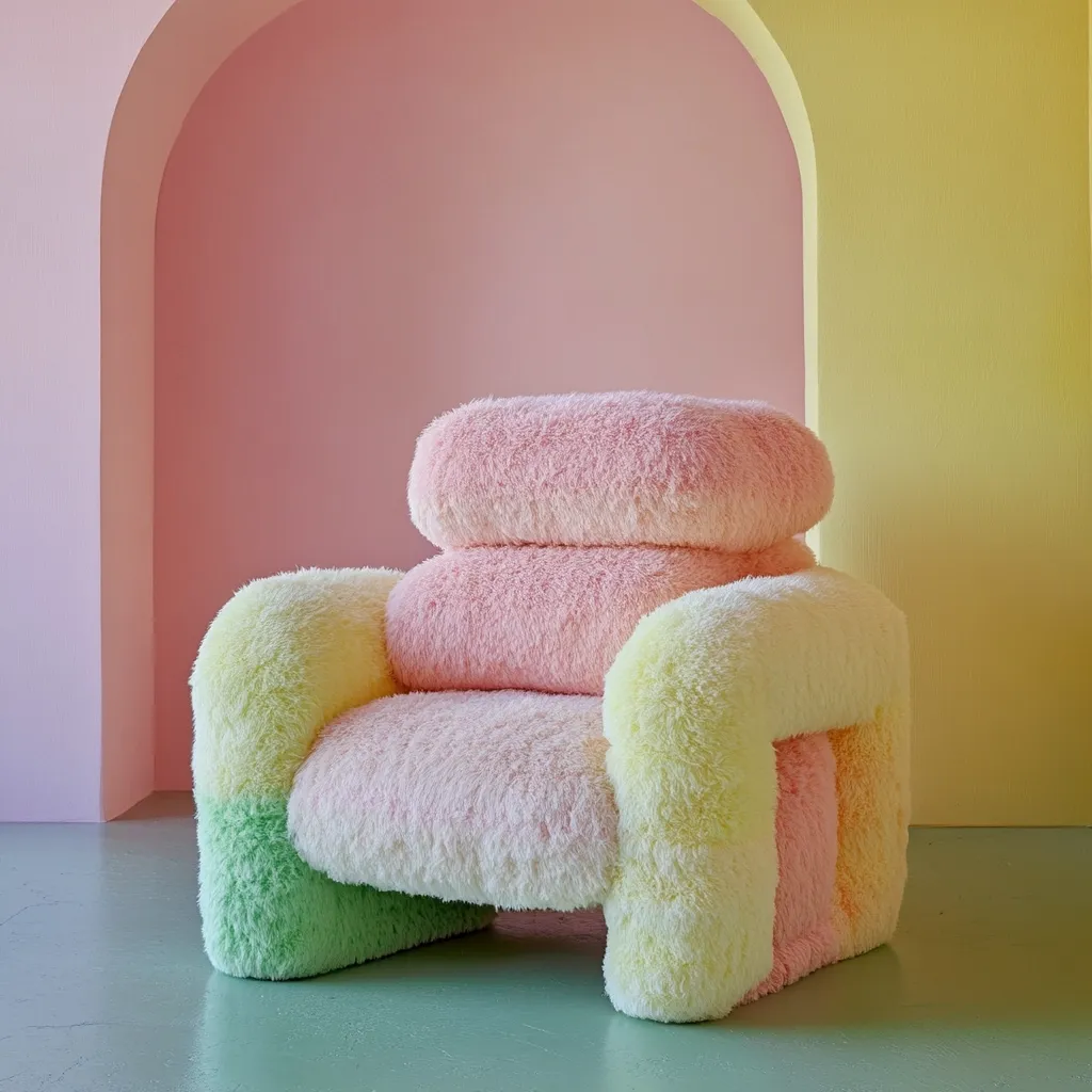 A plush, pastel-colored armchair sits against a curved wall.  The chair is composed of soft, fluffy fabric in shades of pink, yellow, and light green, arranged in blocks. Its rounded form and stacked cushion design give it a playful, almost cloud-like appearance.  The backdrop features a soft pink and yellow wall, creating a whimsical and inviting setting. The overall aesthetic is modern and subtly retro.
