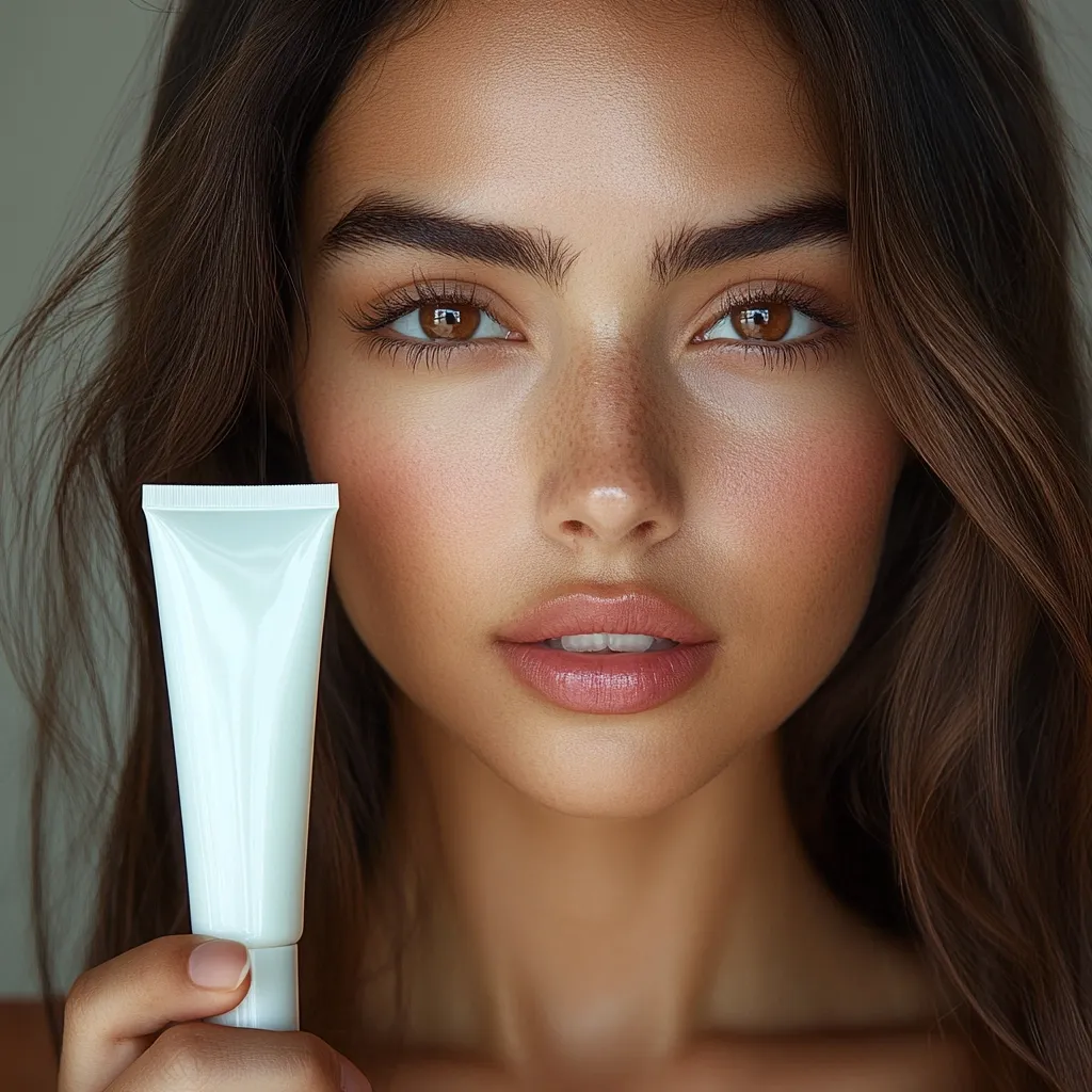 A young woman with long brown hair and flawless skin holds up a white tube of skincare product.  Her makeup is minimal, highlighting her natural beauty and freckles.  She looks directly at the camera with a calm, serene expression. The image is clean and well-lit, suggesting a focus on beauty and skincare. The overall aesthetic is minimalist and sophisticated.