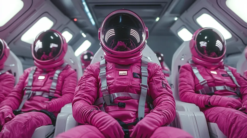 Here's a description of the image:

The photograph shows a row of astronauts seated in what seems to be a spacecraft.  They are all wearing identical bright pink spacesuits with helmets,  each featuring a reflective visor. The suits appear sleek and modern, with gray straps and a small logo visible on the chest.  The spacecraft interior is minimalist and predominantly white, creating a stark contrast with the vibrant pink suits. The astronauts sit quietly, seemingly awaiting departure or arrival. The overall mood is one of anticipation and futuristic sterility.