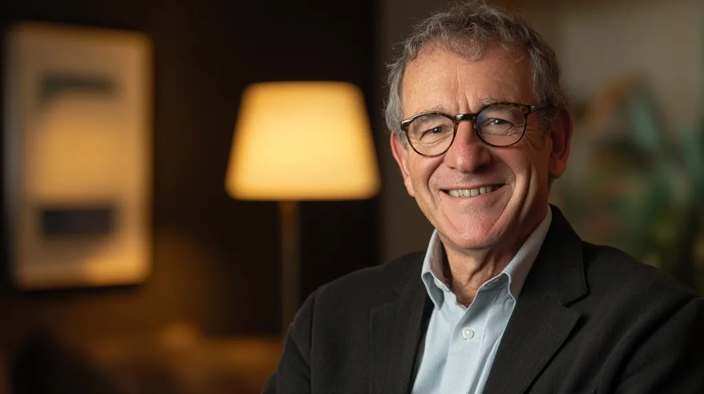Here's a description of the image:

Close-up portrait of a smiling man with short, graying hair and glasses. He's wearing a dark blazer over a light blue collared shirt. The background is softly blurred, featuring a warm-toned lamp and an indistinct framed artwork, creating a calm and sophisticated atmosphere. The man's expression is friendly and approachable, with a genuine smile that conveys warmth and confidence. The lighting is focused on the subject, making him the clear focal point of the image.