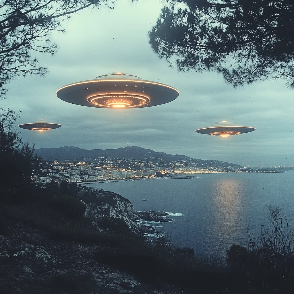 Here's a description of the image:

The image is a digital artwork depicting three unidentified flying objects (UFOs) hovering over a coastal city at dusk. The largest UFO is centrally positioned, illuminated from within, with two smaller UFOs flanking it at a distance.  The city lights twinkle along a coastline that stretches to a calm sea.  The scene is observed from a high vantage point, framed by dark silhouetted trees in the foreground. The overall mood is serene yet mysterious, suggestive of a science fiction scenario. The color palette is muted, with cool blues and grays dominating the sky and water.