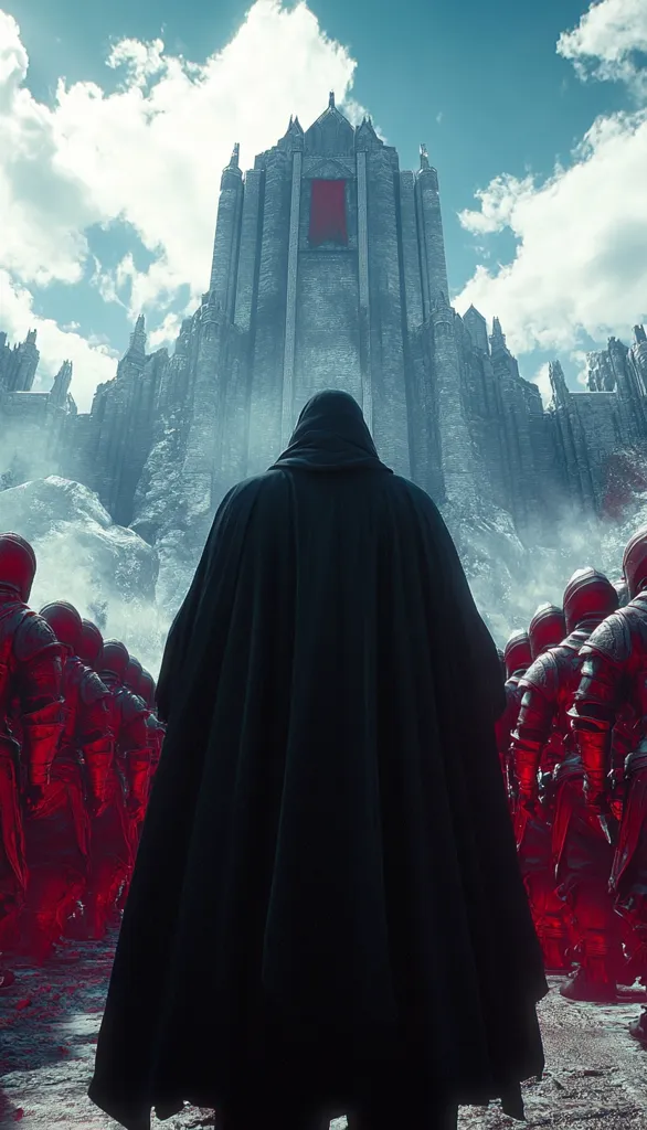 A hooded figure, cloaked in black, stands before a towering, imposing fortress. The fortress is dark grey stone, with a single, small red banner hanging centrally. Behind the figure, a line of soldiers in blood-red armor stretches into the distance. The scene is dramatic and atmospheric, set under a partly cloudy sky. The overall mood is ominous and suggestive of impending conflict or a powerful presence.