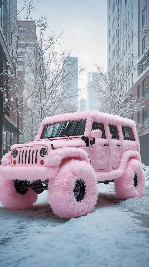A pink Jeep Wrangler, completely covered in fluffy pink fur, sits on a snow-covered street between tall buildings. The snow-dusted trees and city backdrop contrast with the vehicle's playful, unconventional appearance. The Jeep's tires are also enveloped in the same pink fur, creating a whimsical and unexpected winter scene.  The image suggests a unique, possibly artistic, take on a rugged vehicle.