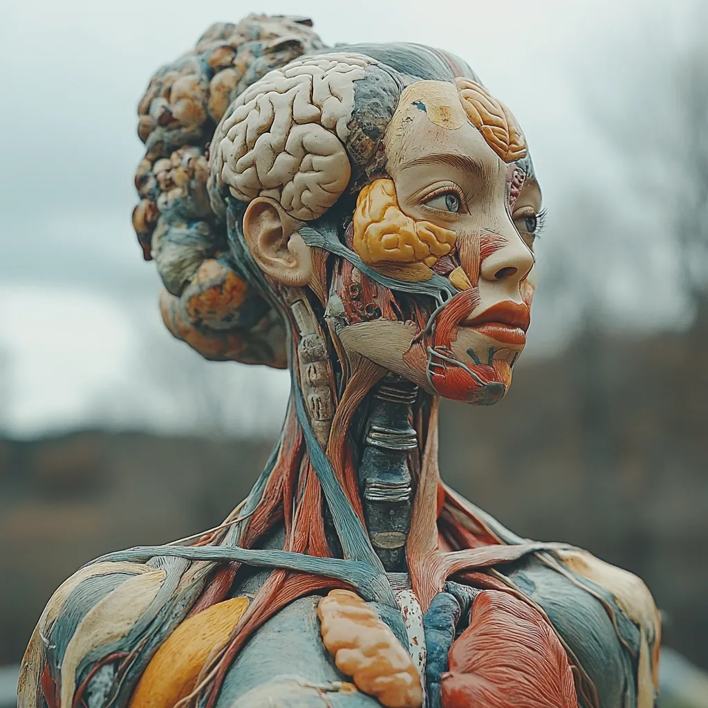 A detailed close-up reveals a meticulously crafted anatomical model of a woman's head and shoulders.  The model showcases the intricate network of muscles, veins, arteries, and organs, including a visible brain and internal structures.  The realistic textures and coloration of the piece are striking, creating a lifelike yet surreal depiction of the human form. The background is blurred, emphasizing the anatomical details of the figure.  The overall impression is one of both scientific accuracy and artistic expression.