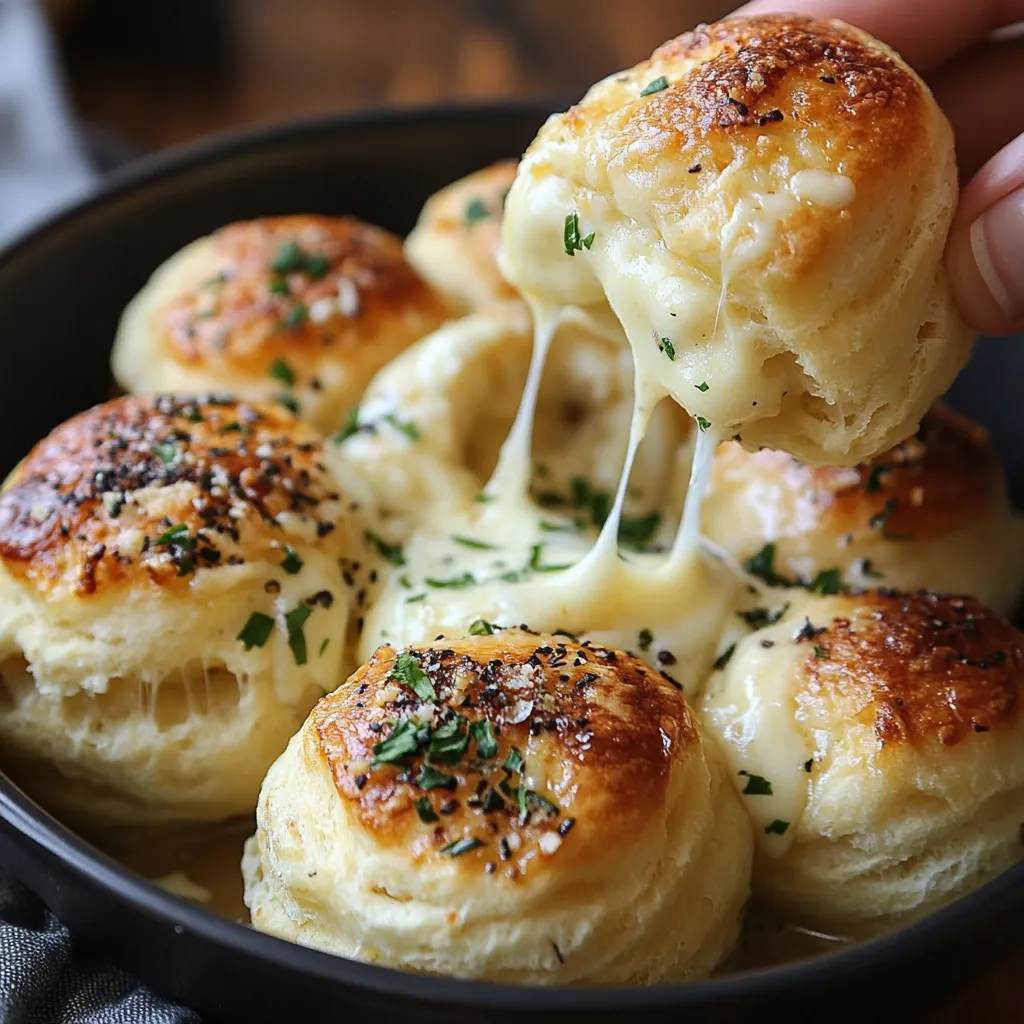 A close-up shot showcases a skillet of pull-apart cheesy biscuits.  Golden-brown biscuits, seasoned with herbs and spices, are baked in a pool of melted cheese.  A single biscuit is being lifted, revealing strings of gooey cheese stretching between it and its neighbors.  The image highlights the warm, comforting nature of the dish, emphasizing its texture and rich flavors.  Parsley garnish adds a touch of freshness.