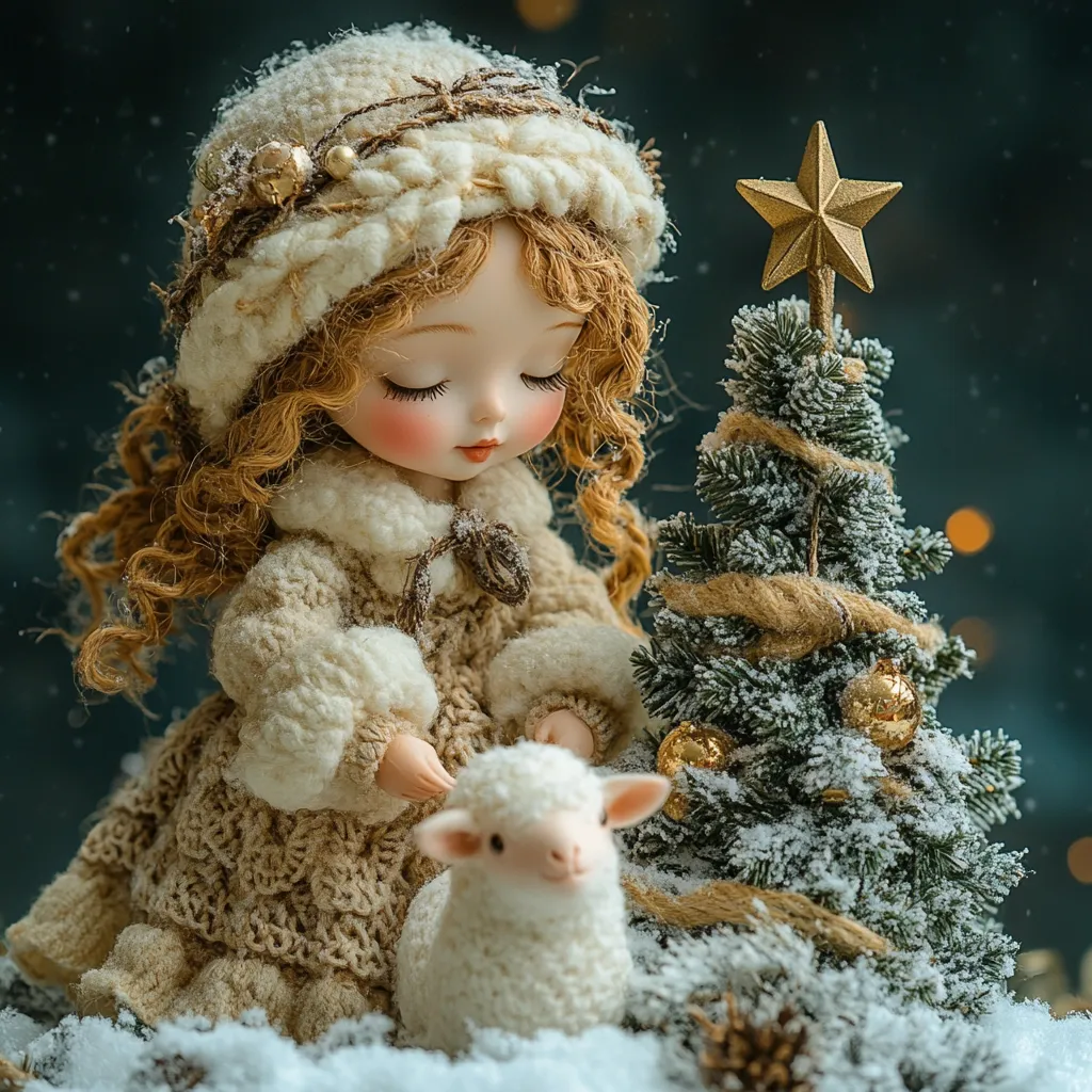 A charming porcelain doll, adorned in a crocheted cream-colored dress and hat, sits serenely beside a miniature snow-dusted Christmas tree.  Her eyes are gently closed, and her long, curly blonde hair cascades around her shoulders.  A small, fluffy lamb rests near her feet, adding to the peaceful winter scene. The background is a blurred dark teal, hinting at a softly falling snow. Gold ornaments decorate the tree, topped with a star, enhancing the festive ambiance.