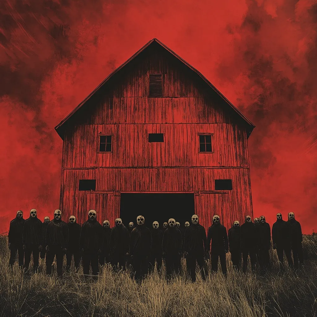 A large, dark red barn stands against a blood-red sky.  Before it, a line of figures in dark clothing and skull-like masks are arranged, creating a sinister and unsettling scene. The overall tone is ominous and evocative of horror, possibly suggesting a cult or a macabre gathering. The style is reminiscent of a movie poster or graphic novel illustration. The contrast between the barn, figures, and sky heightens the image's dramatic and frightening effect.