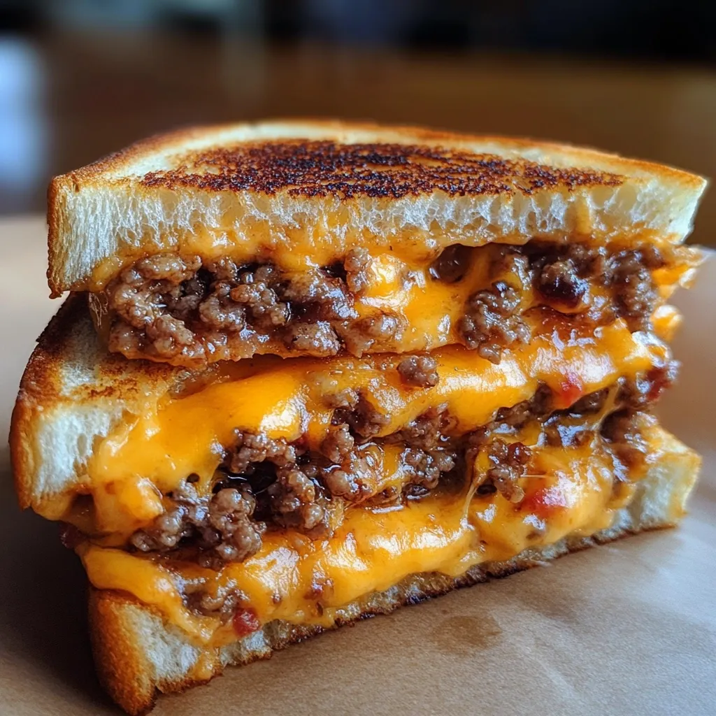 Here's a description of the image:

A close-up shot reveals a double-decker grilled cheese sandwich overflowing with melted cheddar cheese and seasoned ground beef.  The bread is perfectly toasted, exhibiting a golden-brown crust with visible air pockets.  The cheese is gooey and stretches between layers of the meat filling. The sandwich is presented on a piece of light brown parchment paper, suggesting a casual, possibly restaurant setting. The image is sharply focused, highlighting the textures and rich colors of the food.