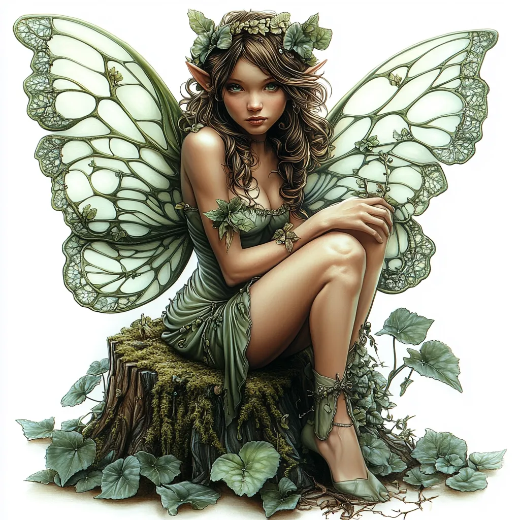 Here's a description of the image:

A digital painting depicts a beautiful, fair-skinned fairy with long brown hair, wearing a flowing green dress adorned with leaves.  She possesses pointed ears and large, delicate, iridescent green and white butterfly wings.  She sits gracefully on a mossy tree stump, surrounded by lush green foliage. Her expression is serene, and her pose is elegant.  The overall style is fantasy art, with a focus on detail and realism in the depiction of the fairy and her surroundings.  The background is pure white, emphasizing the fairy as the central focus.