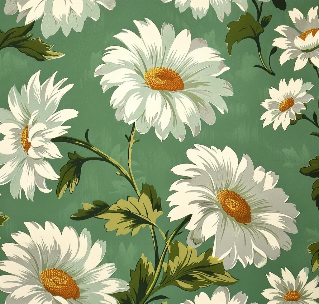 Here's a description of the image:

The image shows a repeating pattern of stylized daisies on a muted teal-green background. The daisies are predominantly white with a pale yellow-green center, featuring a detailed, almost graphic representation. The leaves are olive-green, with a slightly stylized, almost painted texture.  The overall style evokes a vintage or retro aesthetic, possibly suggestive of wallpaper or fabric design from a mid-20th century era. The pattern is dense, with blossoms overlapping and stems interweaving to create a lush floral display.