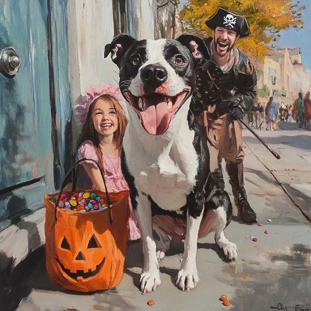 Here's a description of the image:

A vibrantly painted scene depicts a Halloween outing. A large, friendly-looking black and white dog sits center stage, flanked by a little girl in a pink dress and a man dressed as a pirate. The girl holds a pumpkin-shaped candy bag overflowing with sweets. The pirate, holding a cane, beams down at the dog and girl. The setting appears to be a city street on a sunny autumn day, with other trick-or-treaters visible in the background. The overall style is impressionistic, with visible brushstrokes adding texture and movement to the painting. The scene is joyful and captures the spirit of a fun Halloween adventure.