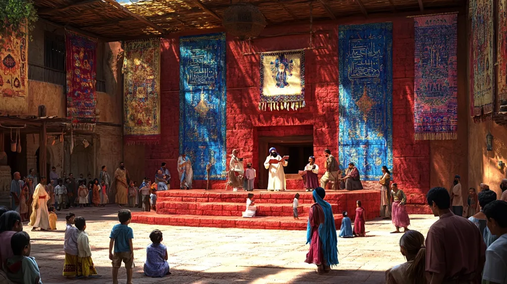 A vibrant courtyard scene unfolds, dominated by a red brick dais where a figure in white robes reads from a book.  Surrounding the central figure are other individuals, some seated, others standing, all dressed in period attire.  The walls are adorned with richly colored tapestries and banners bearing intricate designs and script.  Sunlight streams into the courtyard, casting shadows that highlight the textures of the architecture and clothing. A large crowd of people fill the space, observing the central event.  The overall atmosphere is one of a significant public gathering, possibly a religious or political ceremony.