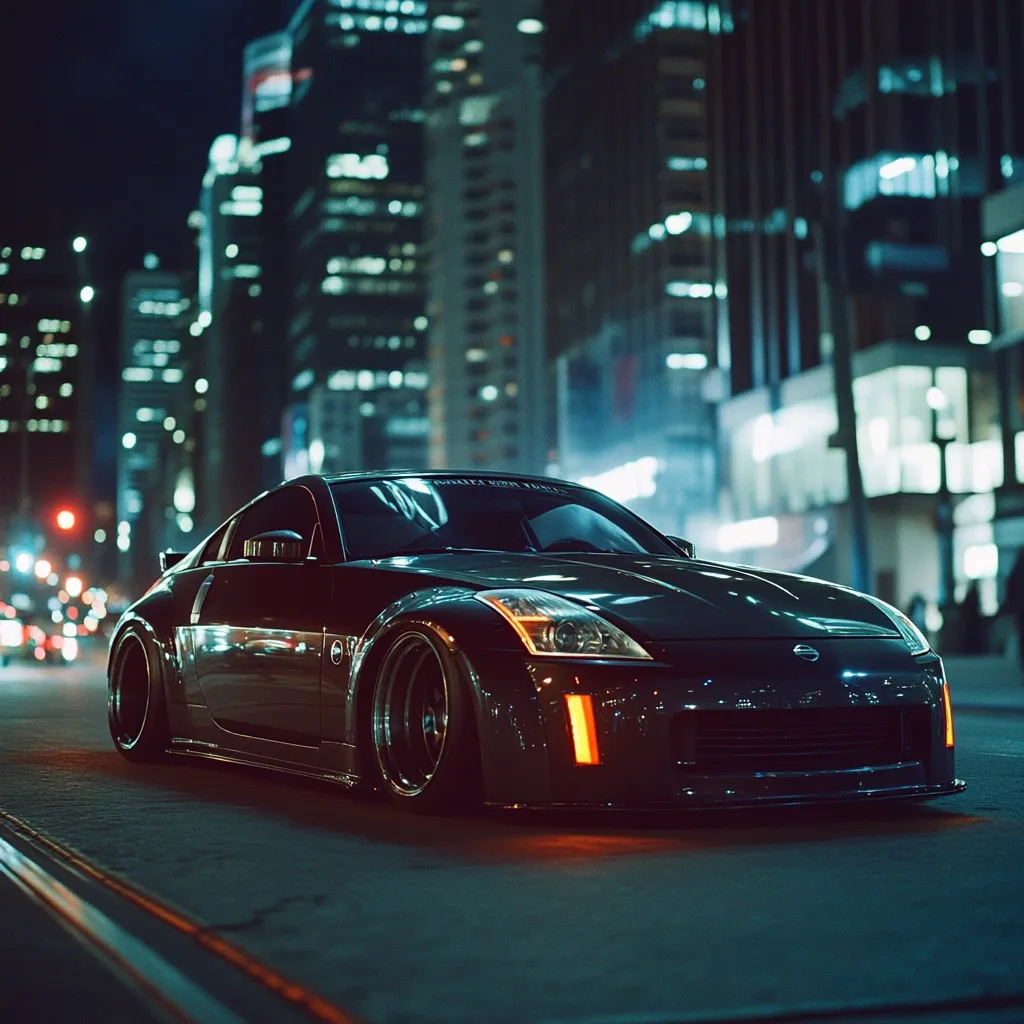 A sleek, dark-colored Nissan 350Z is the focal point of this nighttime city scene.  The car, modified with aftermarket wheels and a lowered suspension, sits prominently on a city street, the background blurred with bright city lights and tall buildings. The atmosphere is moody and stylish, highlighting the car's sharp lines and reflective surface.  The overall image is a blend of urban grit and automotive elegance.