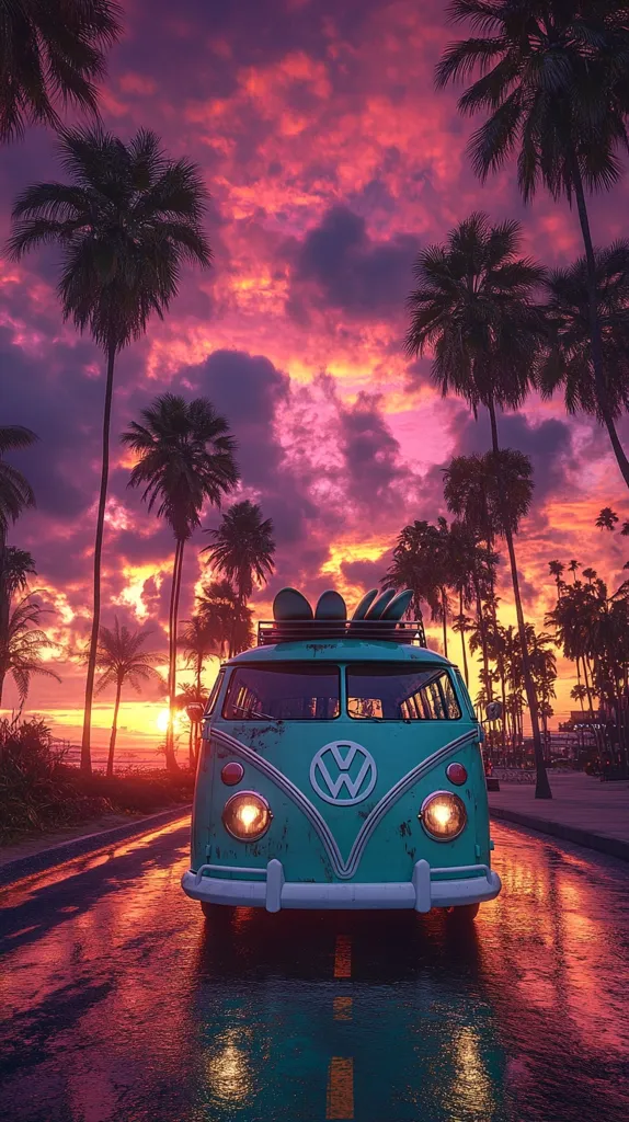 A teal Volkswagen van, carrying surfboards on its roof, drives down a wet road at sunset.  The sky is ablaze with vibrant pink, orange, and purple hues, reflecting on the glistening asphalt.  Tall palm trees line the road, silhouetted against the dramatic sky. The scene evokes a feeling of freedom, adventure, and the quintessential California beach lifestyle.