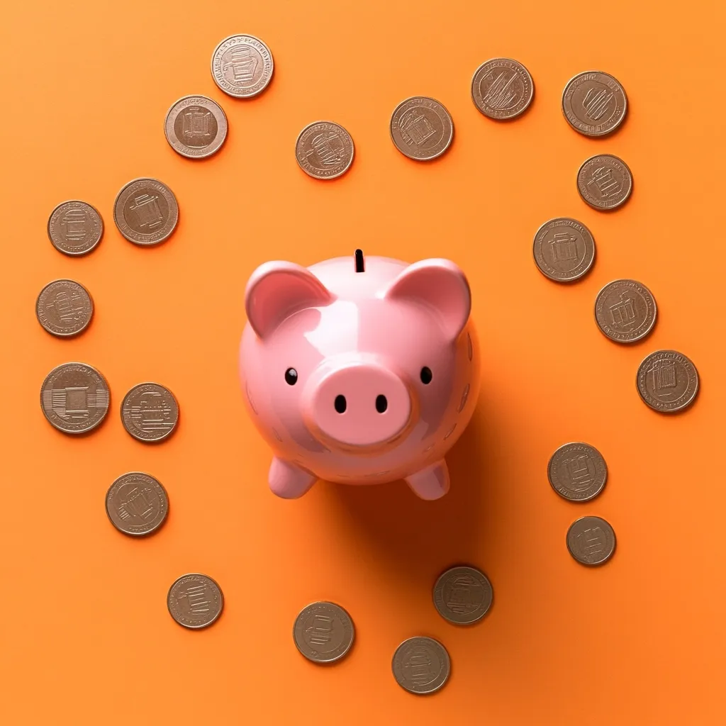 A pink piggy bank sits on a bright orange background, surrounded by a heart-shaped arrangement of gold coins.  The coins appear to be stylized and possibly represent cryptocurrency or a similar financial asset. The image suggests saving money, financial security, or wealth accumulation. The overall aesthetic is clean, simple, and visually appealing.