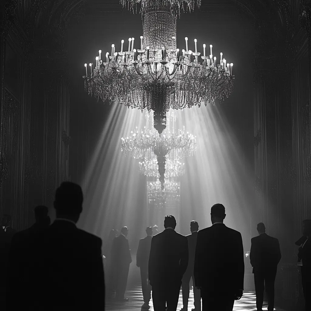 A dramatic black and white photograph captures a grand hall illuminated by a massive, glittering chandelier.  Light rays stream from the chandelier, creating a spotlight effect on several men in dark suits who are walking toward the center. The men are silhouetted against the light, their faces indistinct, adding to the mysterious and formal atmosphere of the scene.  The opulent setting and the men's attire suggest a high-class event or gathering.