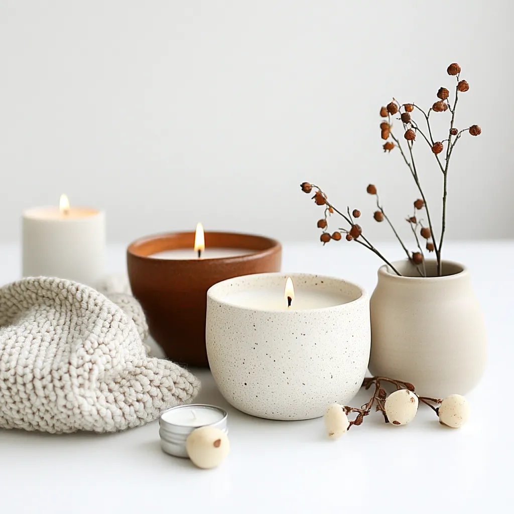 Here's a description of the image:

The image showcases a serene, minimalist scene featuring three lit candles in varying earthy-toned containers.  A cream-colored, speckled candle sits prominently in the foreground, flanked by a terracotta-colored candle and a white candle.  A small, unlit candle sits near a loosely folded cream-colored knitted fabric. A beige vase holds dried brown berries, adding a touch of autumnal charm.  The entire arrangement is set against a bright white background, emphasizing the calming, warm ambiance.